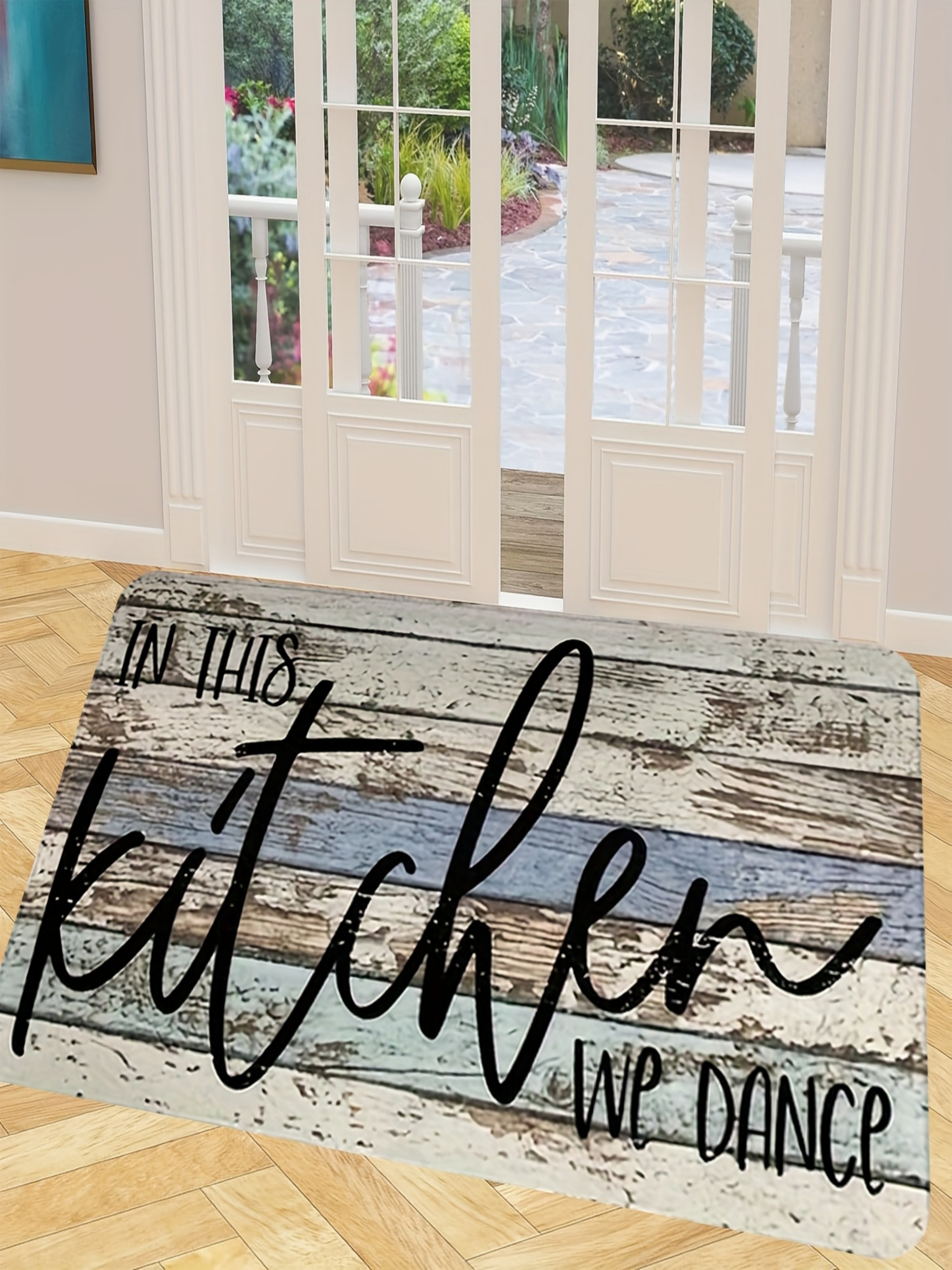 Rustic In This Kitchen We Dance Microfiber Flatweave Mat