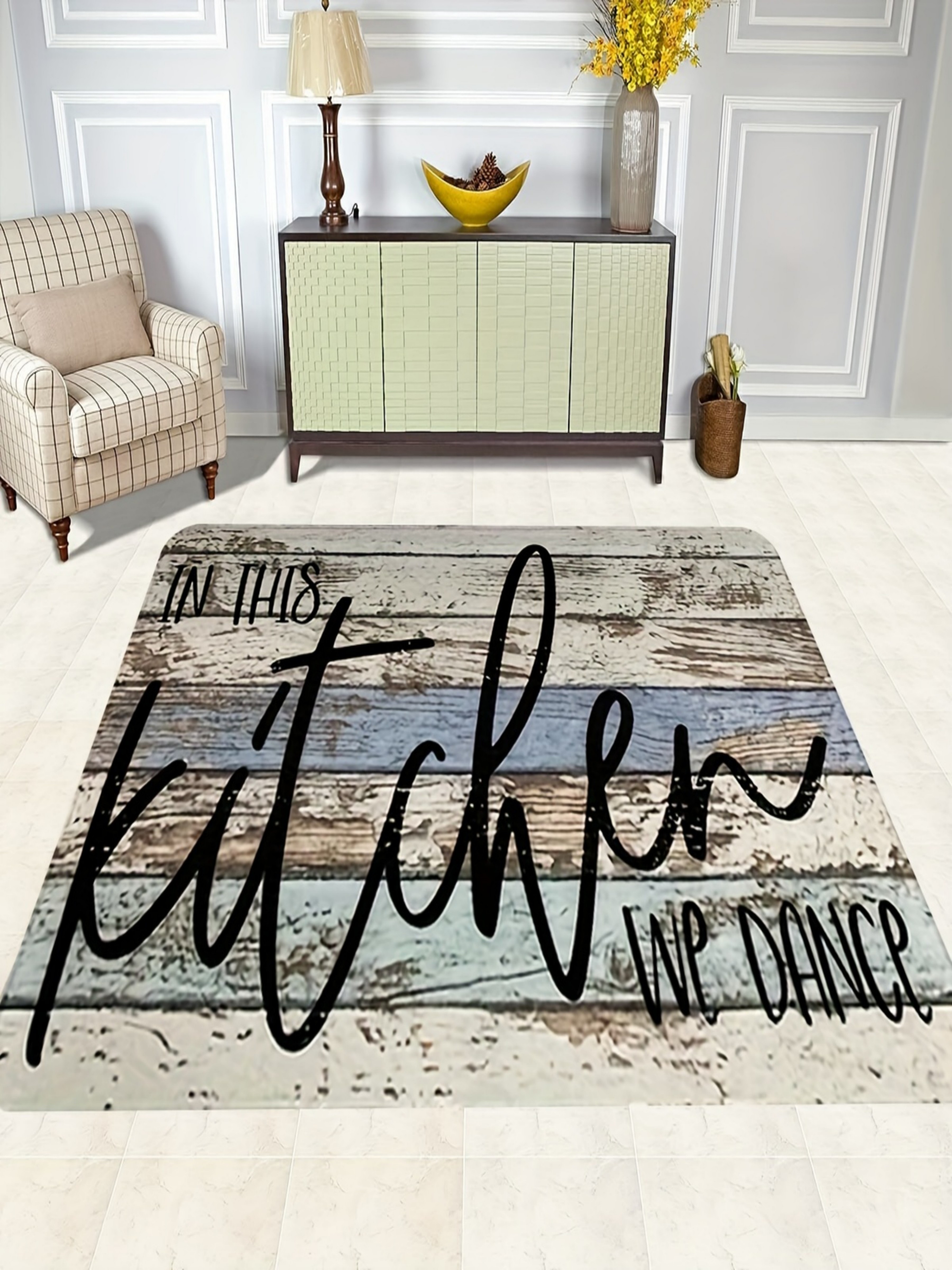 Rustic In This Kitchen We Dance Microfiber Flatweave Mat