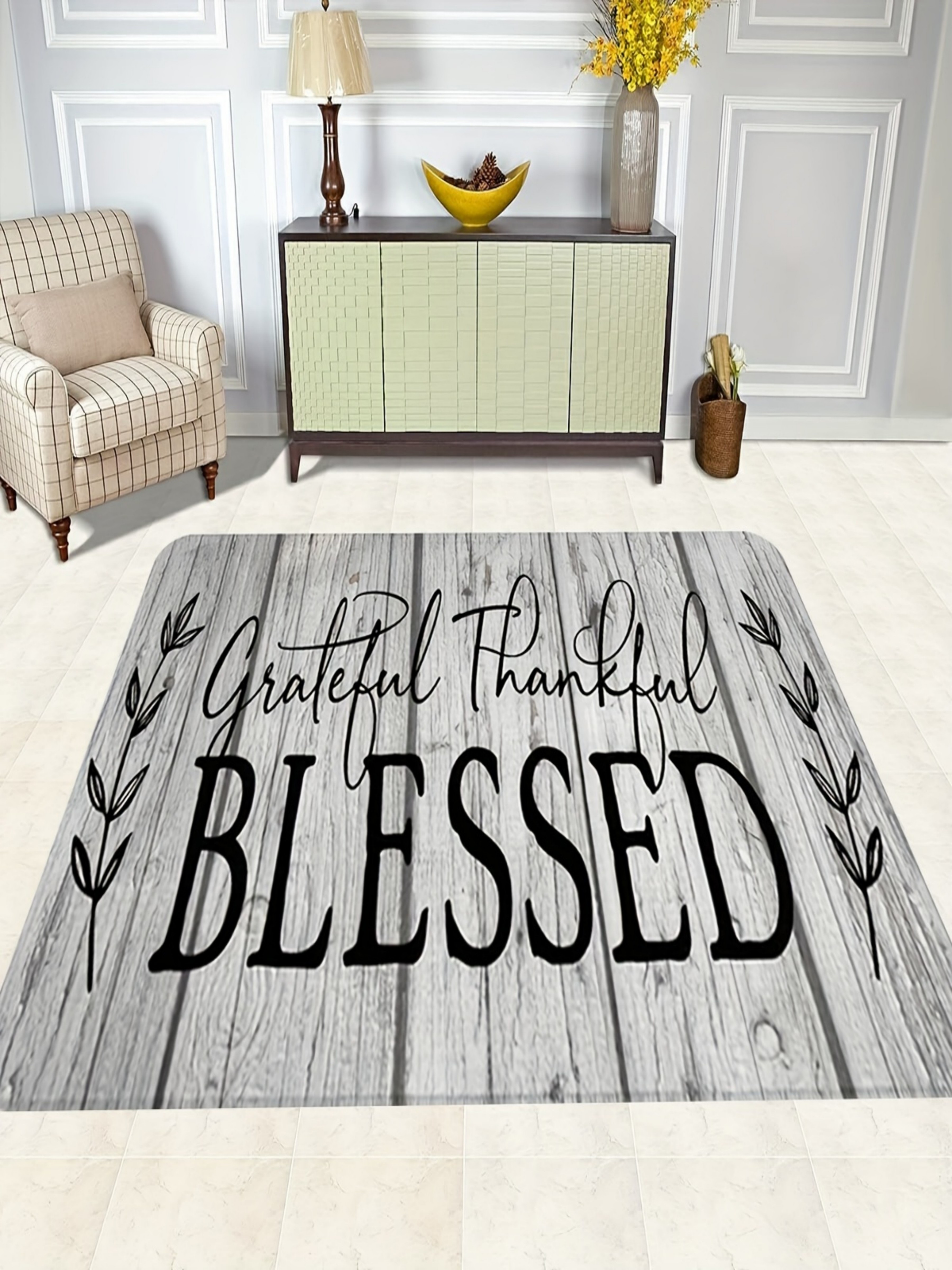 Grateful Thankful Blessed Grey Microfiber Indoor Flatweave Rug