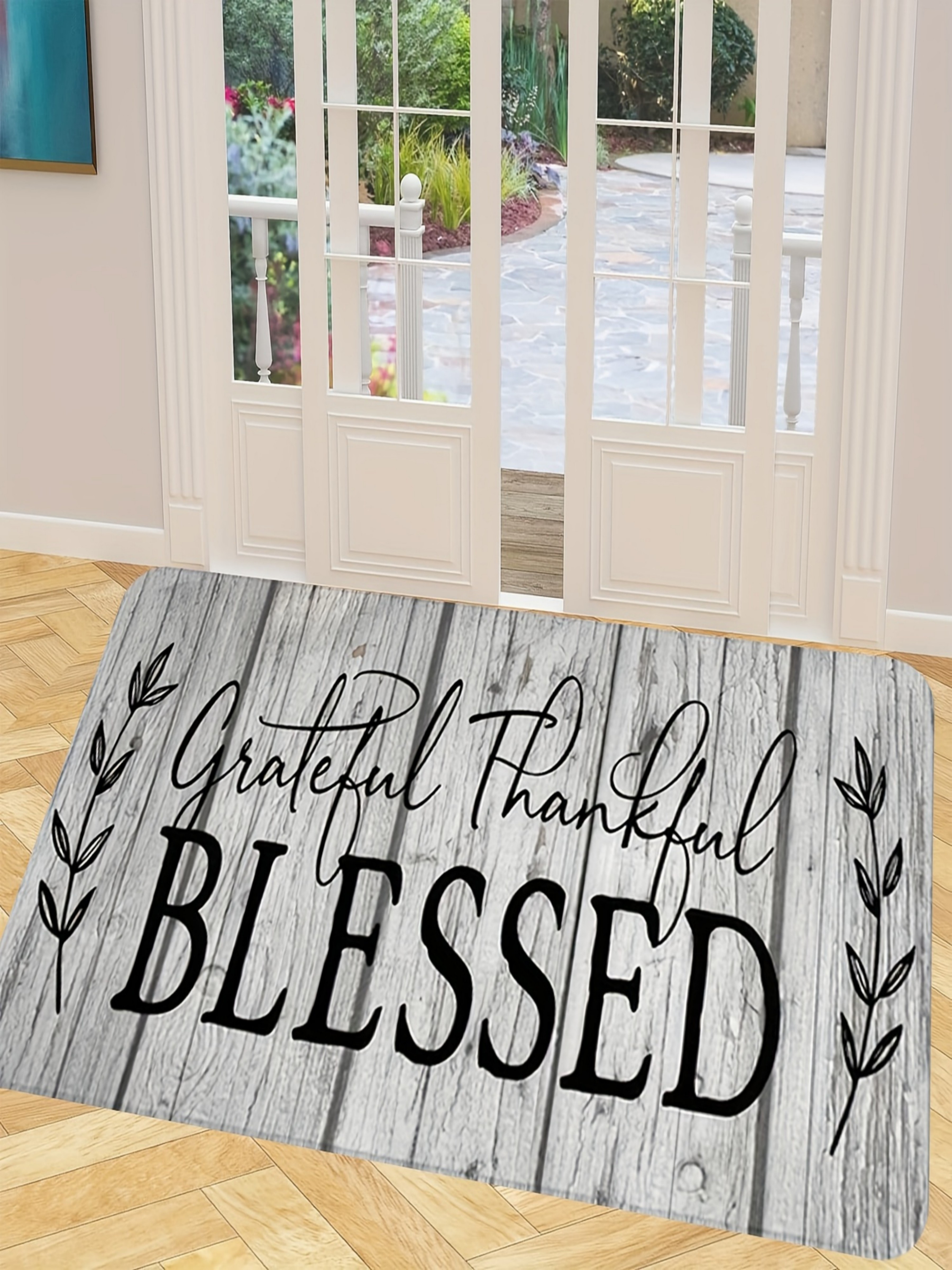 Grateful Thankful Blessed Grey Microfiber Indoor Flatweave Rug