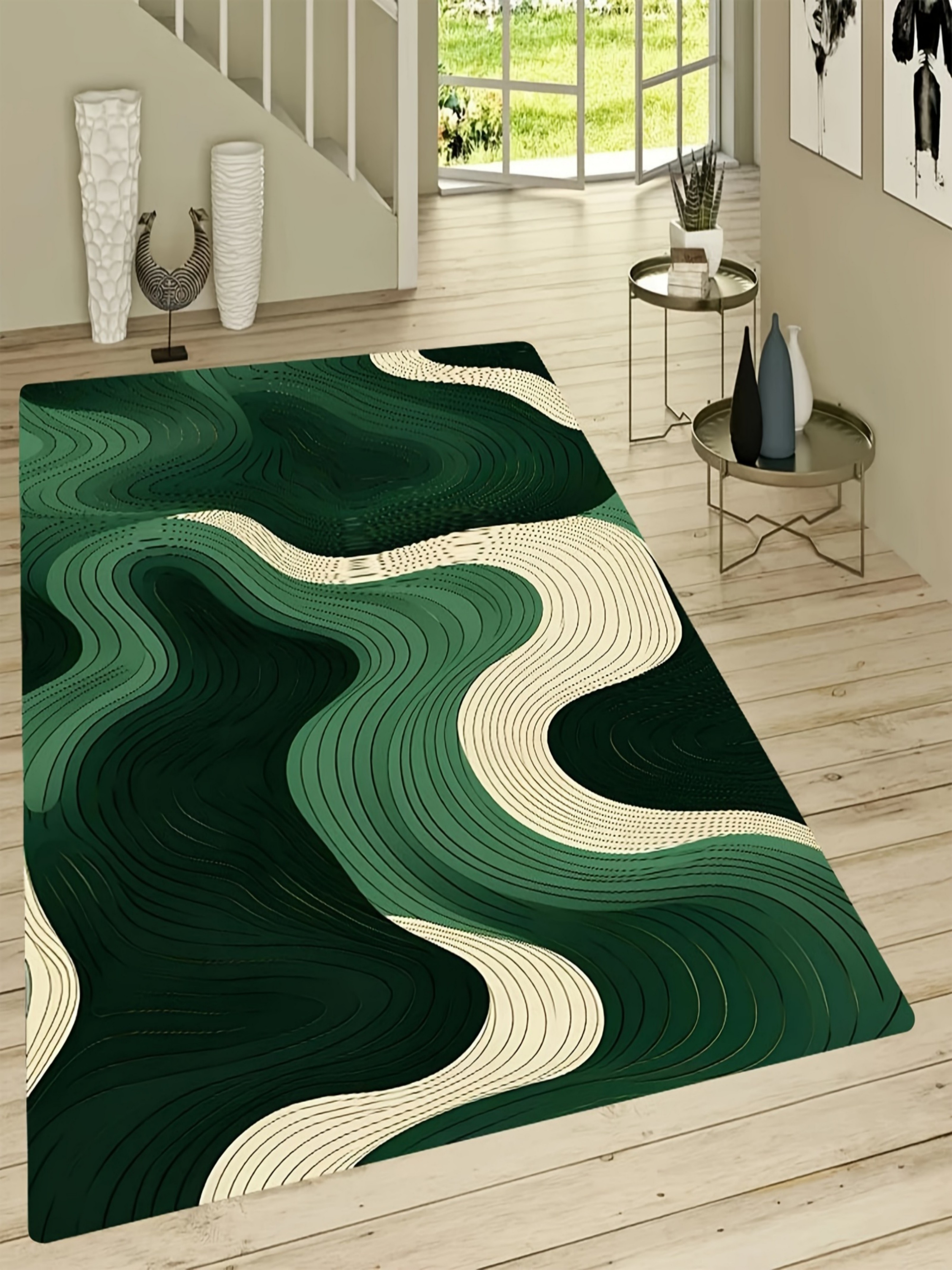 Abstract Green Wavy Microfiber Indoor Flatweave Rug