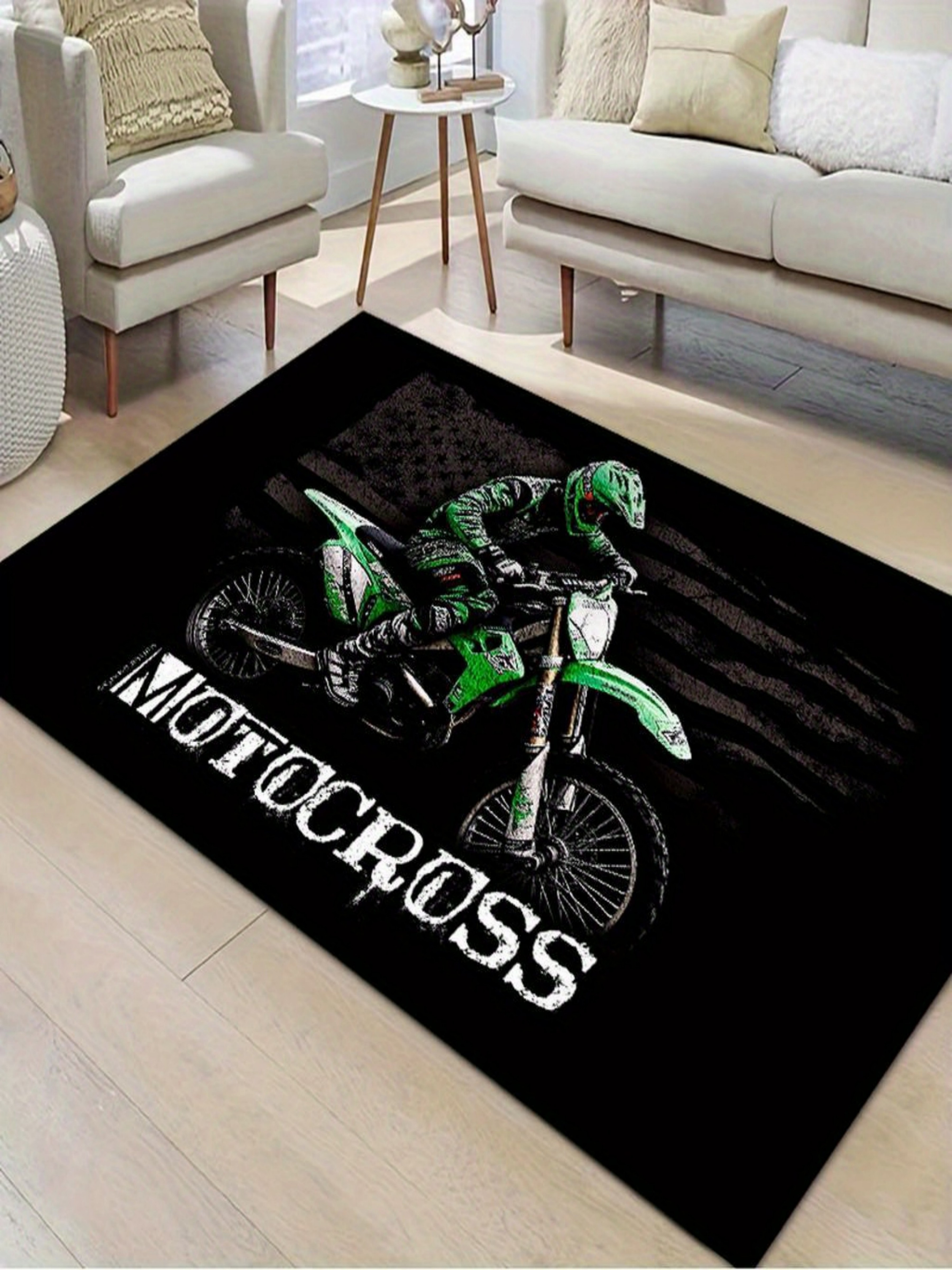 Motocross Graphic Art Black Microfiber Flatweave Rug