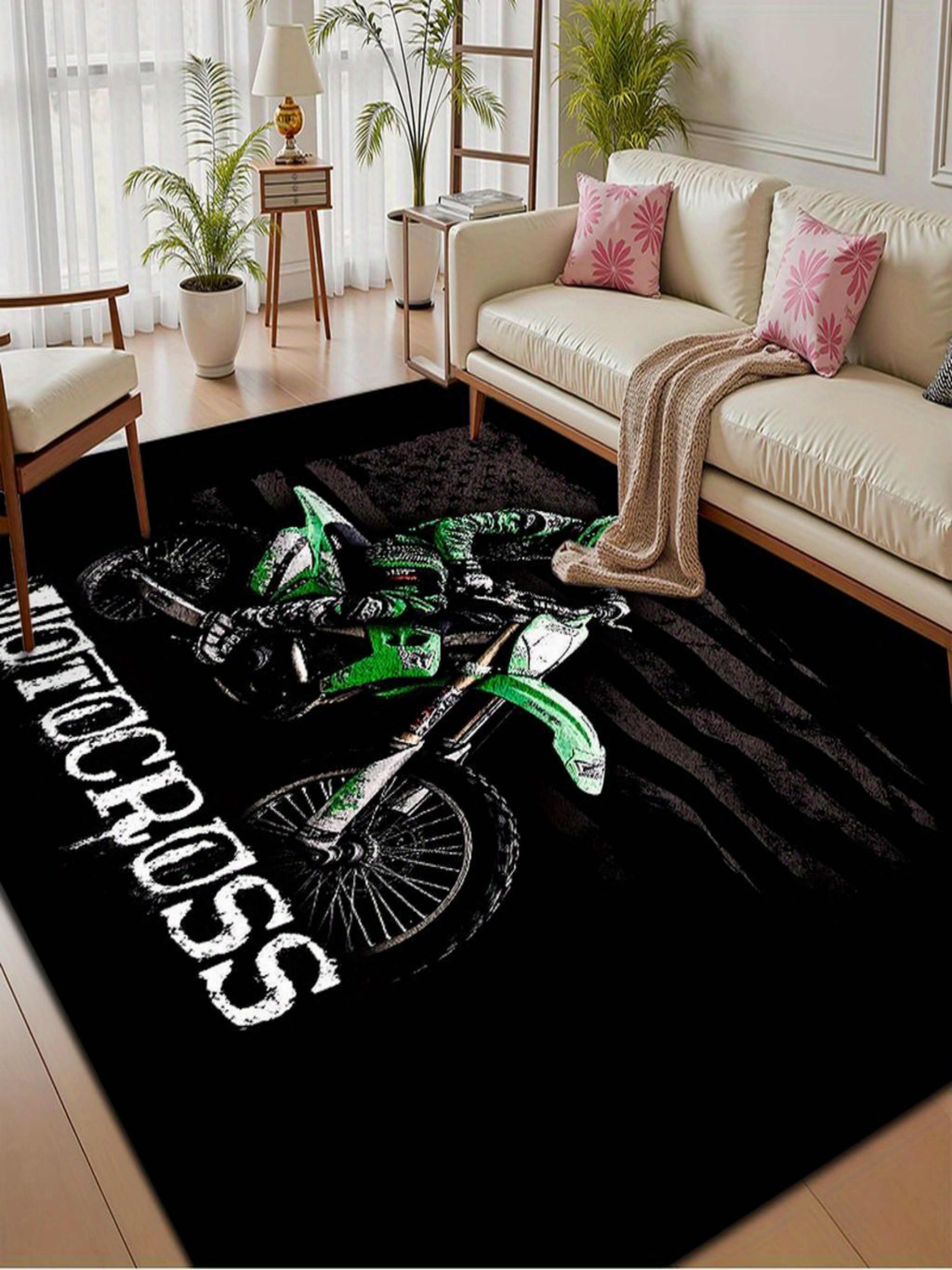Motocross Graphic Art Black Microfiber Flatweave Rug