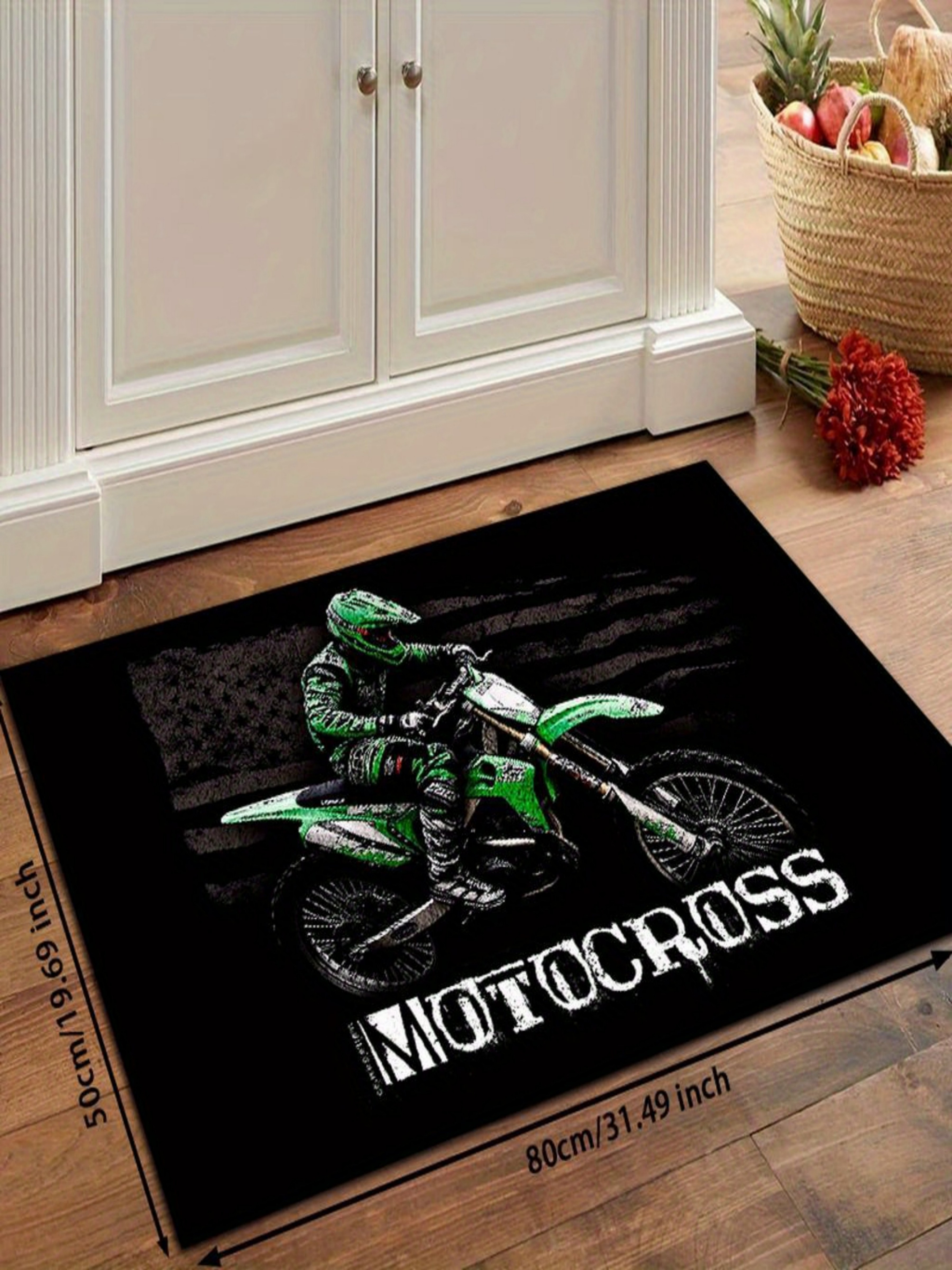Motocross Graphic Art Black Microfiber Flatweave Rug