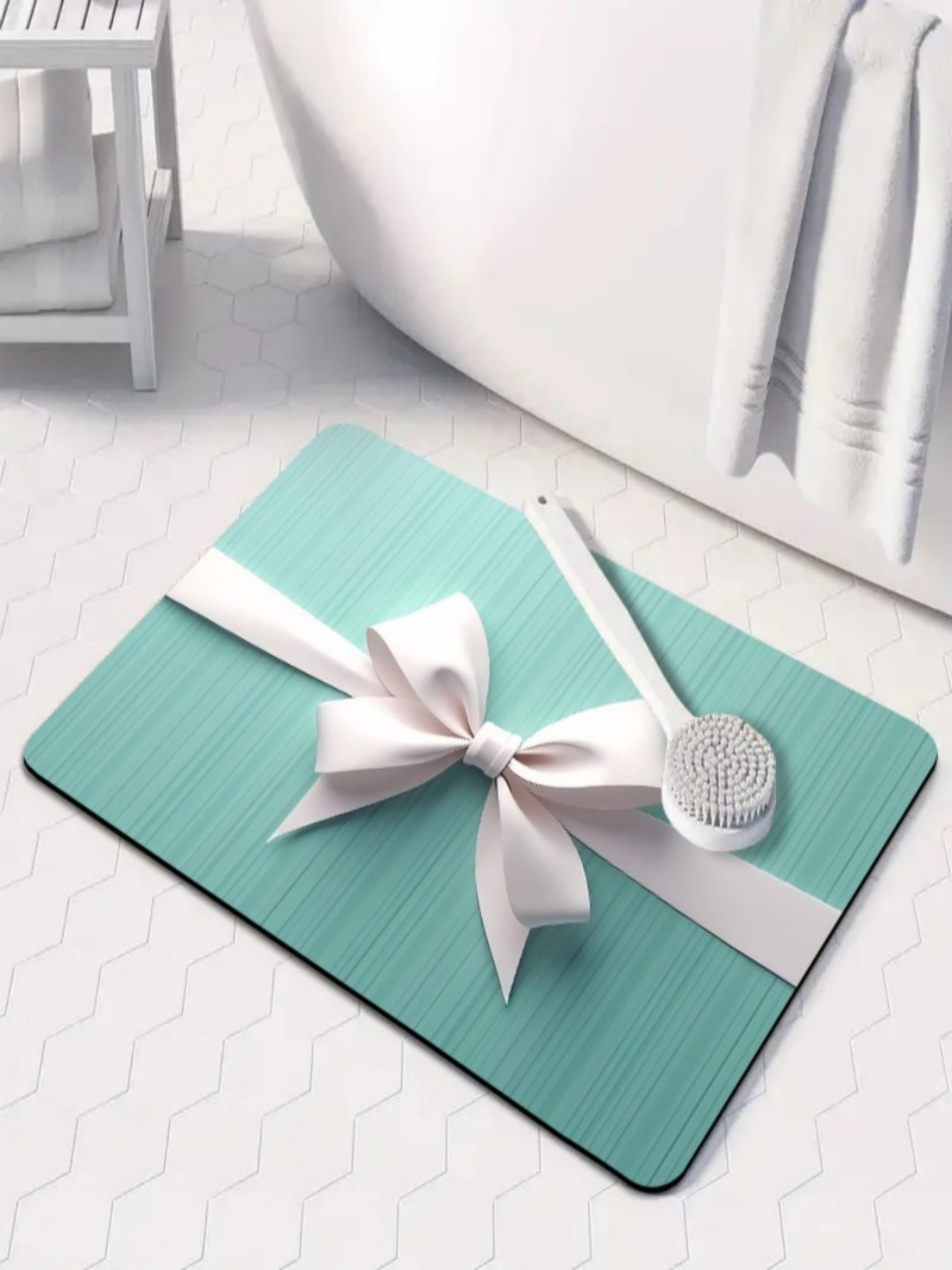 Turquoise Microfiber Non-Slip Bath Mat with Gift Bow Design