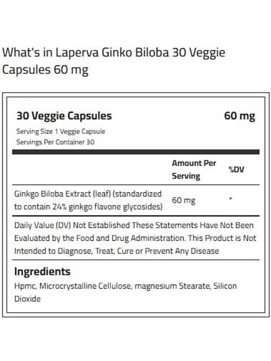 Ginkgo Biloba Extract 60 mg Capsules | Healthy Aging, Brain Health Support | Ginkgo Biloba | 30 Veggie Capsules