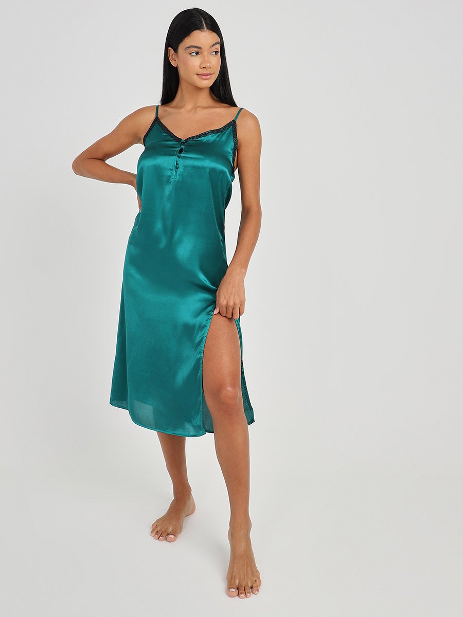 Lace Trim Button Detail Satin Cami Dress with Side Split For Women at UAE |  Styli