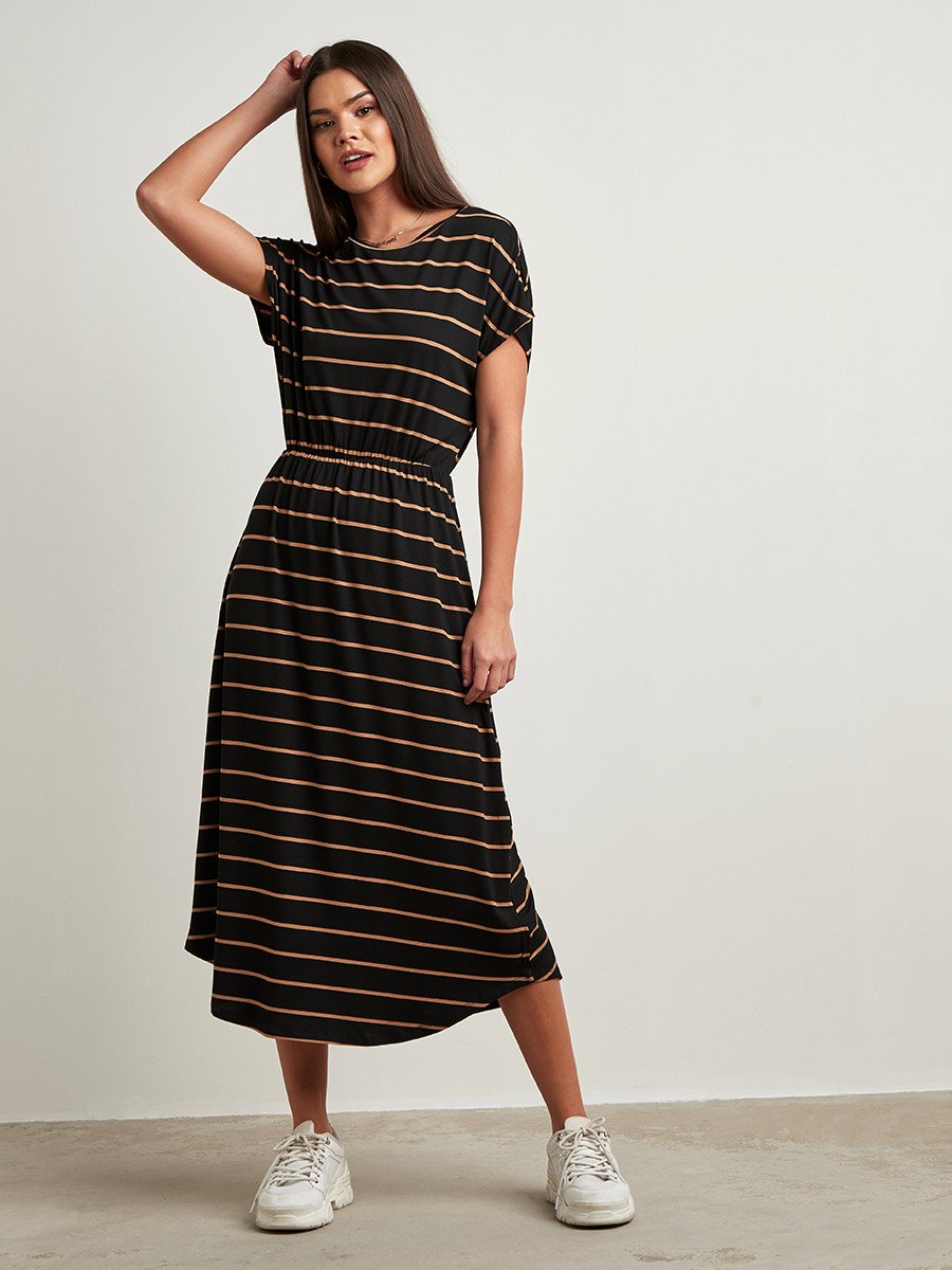 chinese dress ladies Women Plus Size Multicolour Stripe Printed V-Neck Waist Tie-Up Crepe Curved  Hem Maxi Dress