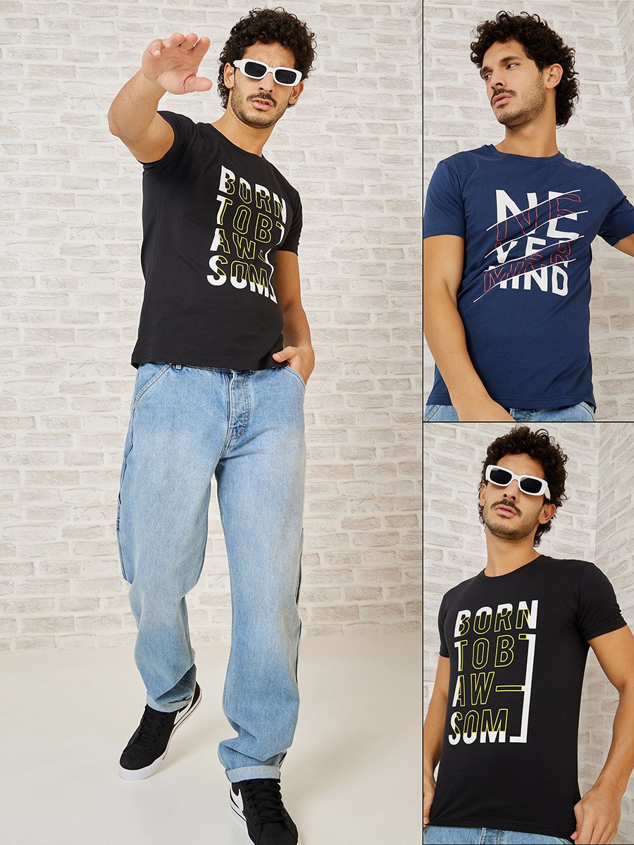 Pack of 2 - Slogan Print Regular Fit T-shirt