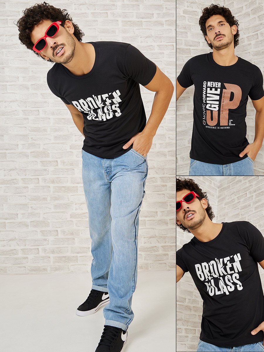 Pack of 2 - Slogan Print Regular Fit T-shirt