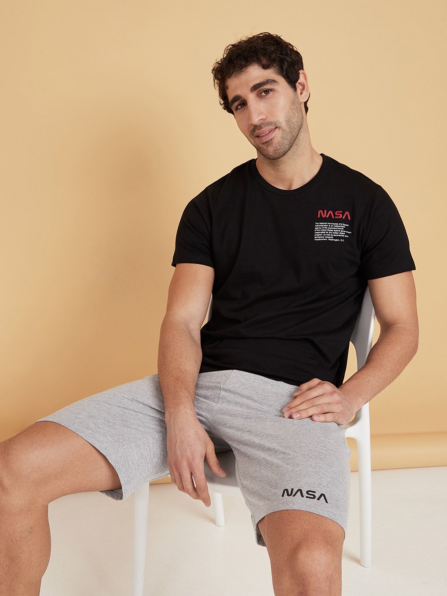 NASA Slogan Print Round Neck T-shirt and Shorts Set