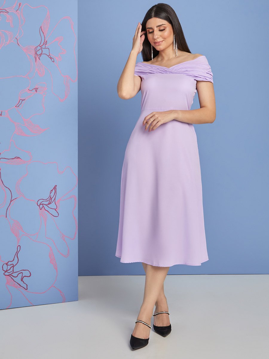 Off Shoulder Plisse Detail A-Line Midi Dress For Women at Bahrain | Styli
