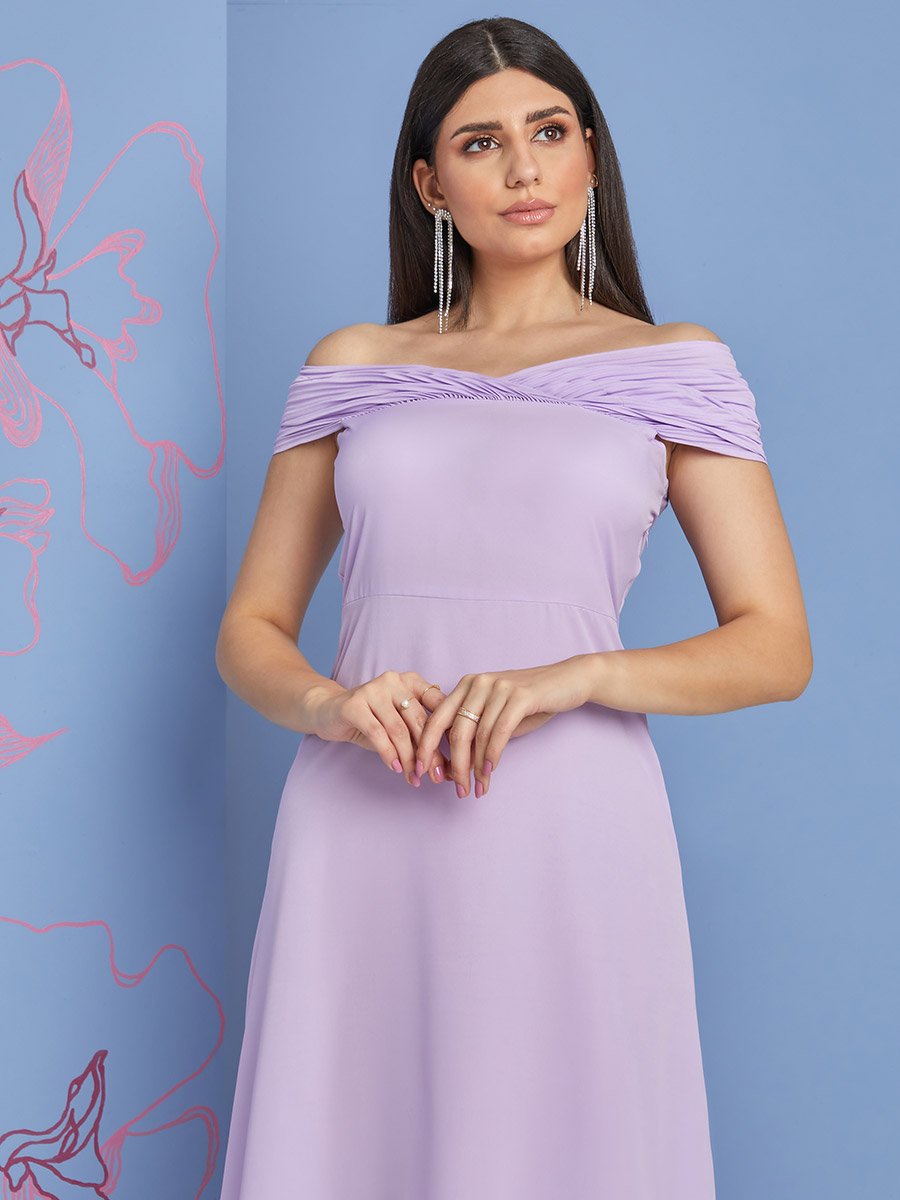 Off Shoulder Plisse Detail A-Line Midi Dress For Women at Kuwait | Styli