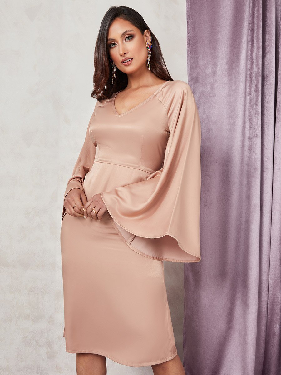 Extreme Flared Sleeves Satin Midi Dress with Back Slit