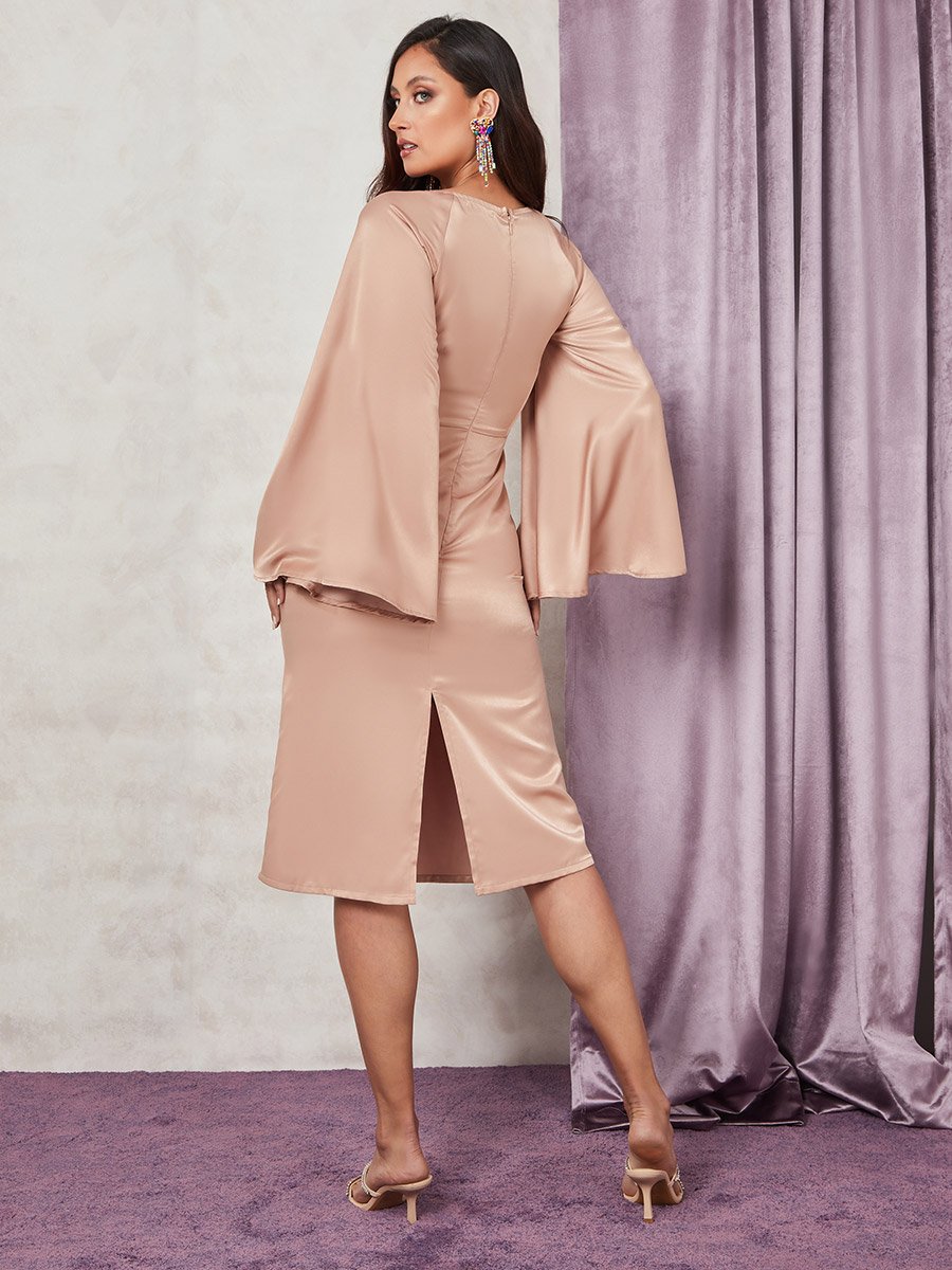 Extreme Flared Sleeves Satin Midi Dress with Back Slit For Women at Kuwait  | Styli