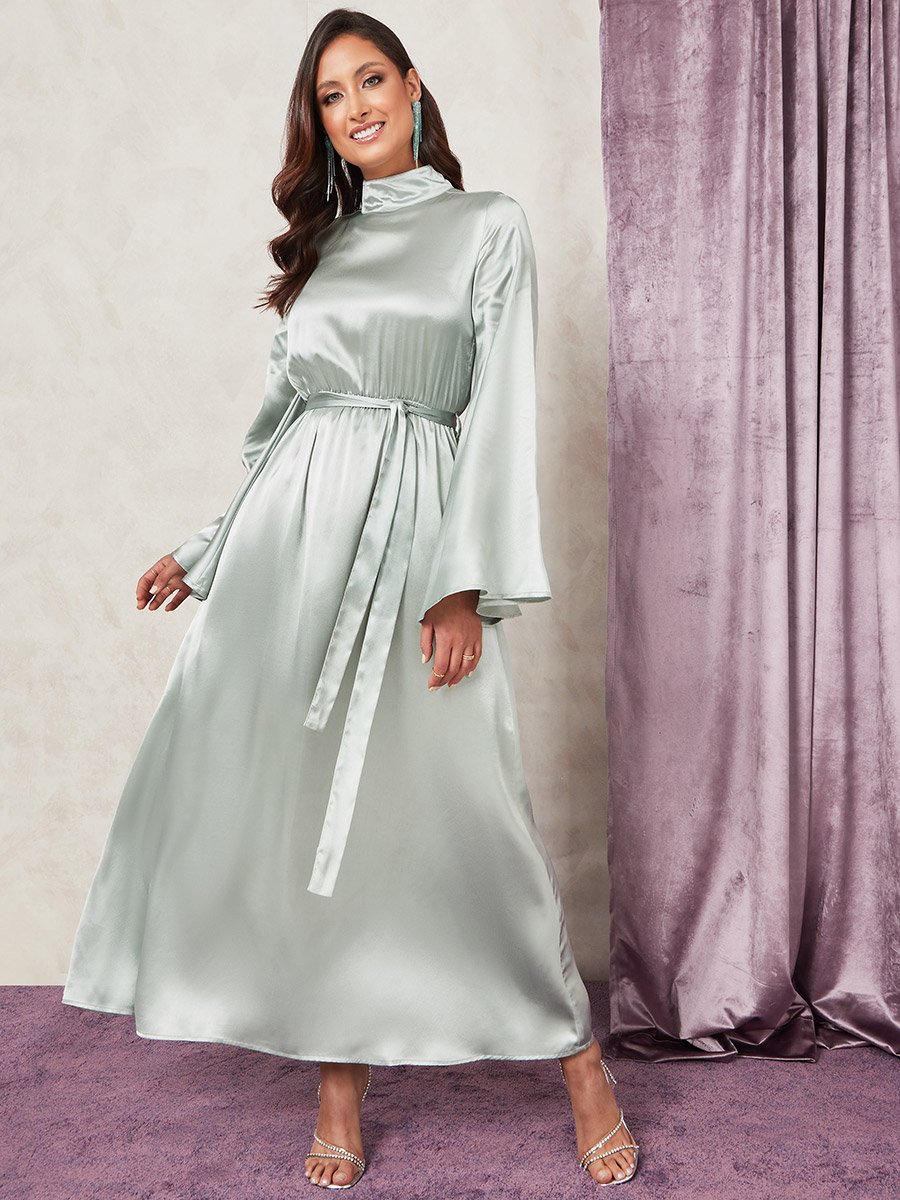 Long Flared Sleeves High Neck Satin Maxi Dress with Tie Belt For Women at  Kuwait | Styli