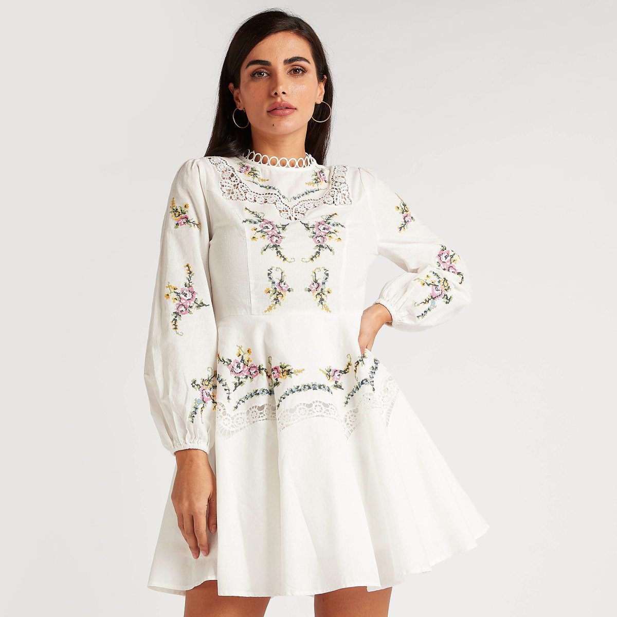 chinese dress ladies LONG SLEEVE SMOCKED TIERED MINI DRESS main image 0