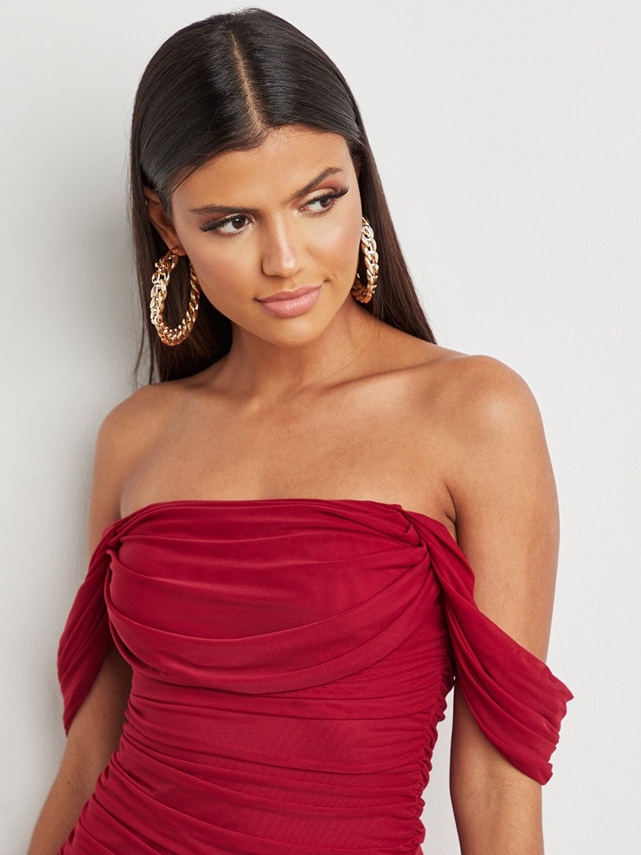 knee length dresses for ladies Sleek Glam Coral Satin-Look Bardot Ruched Midi Dress