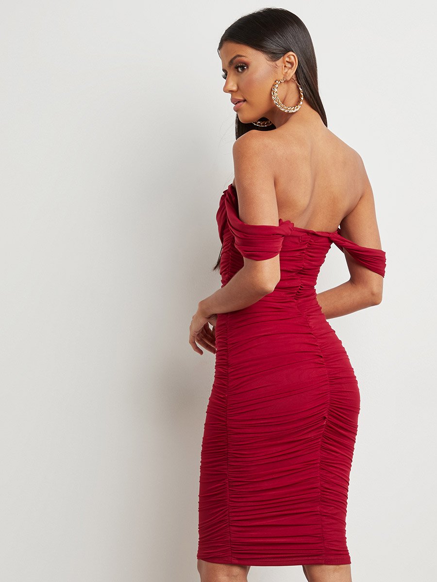 Bardot Ruched Bodycon Midi Dress For Women at Saudi | Styli