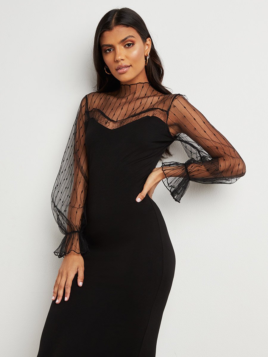 Sweetheart Neck Bodycon Midi Dress with Sheer Mesh Sleeves For Women at Saudi | Styli Sweetheart Neck Bodycon Midi Dress with Sheer Mesh Sleeves For Women at Saudi | Styli