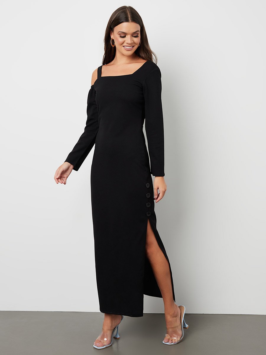 Square Neck Long Sleeves Bodycon Maxi Dress with Side Split For Women at UAE | Styli Square Neck Long Sleeves Bodycon Maxi Dress with Side Split For Women at UAE | Styli