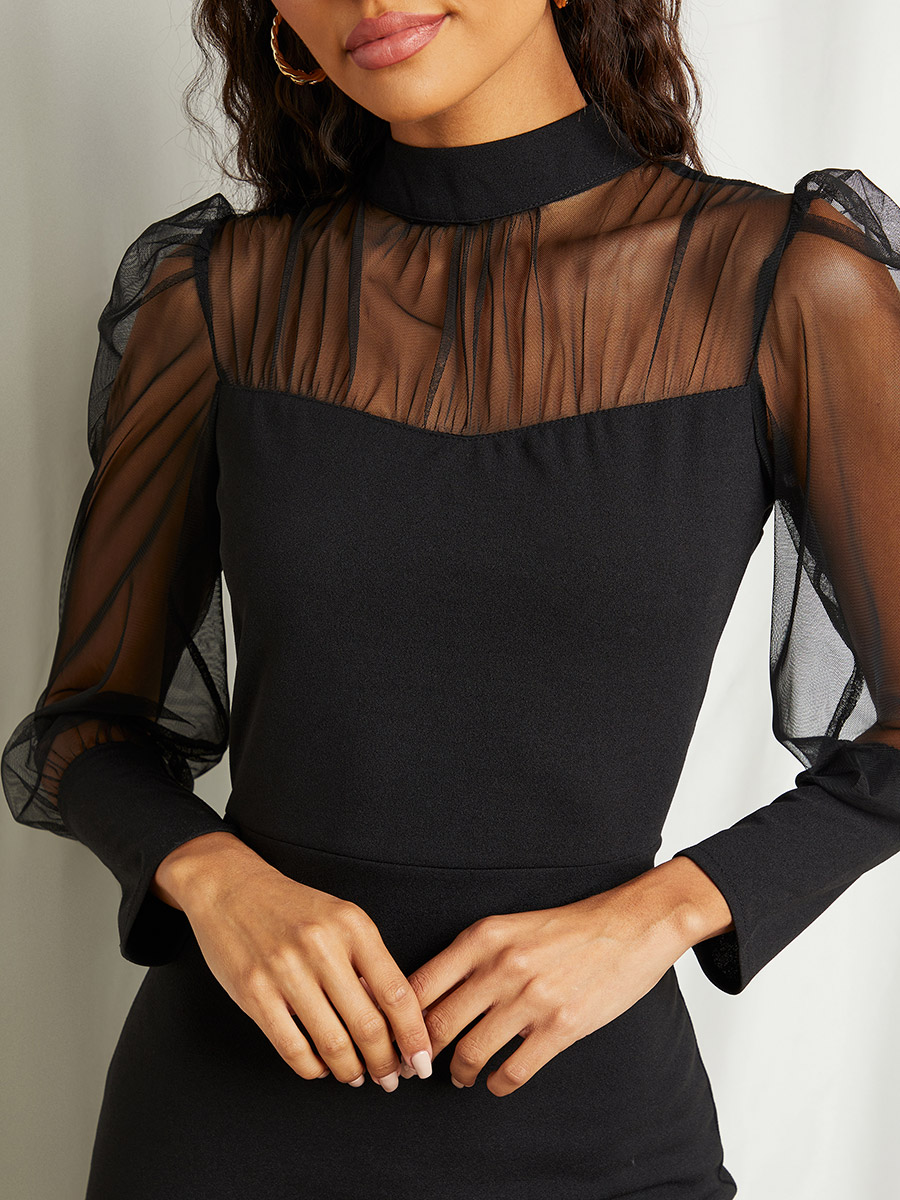 Sheer Mesh Yoke Bodycon Midi Dress For Women at UAE | Styli