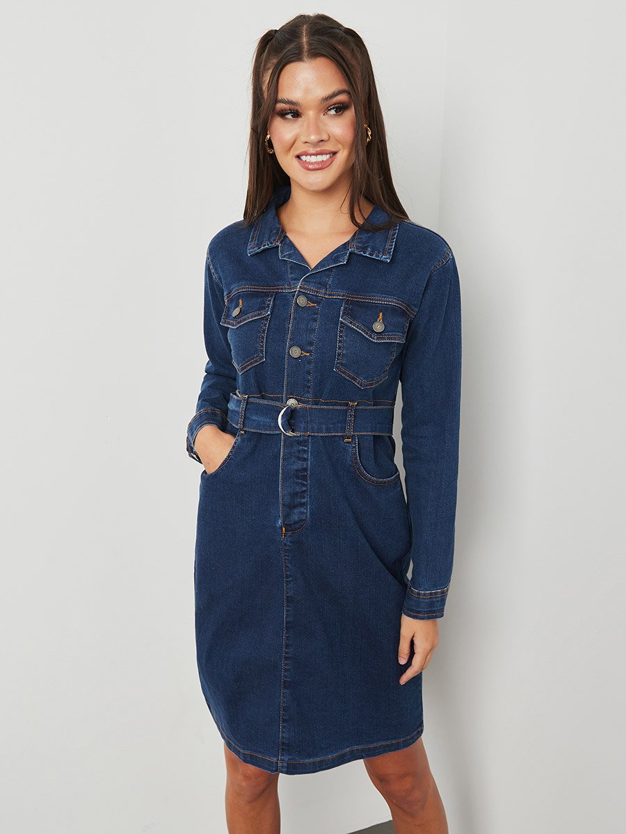 Long Sleeves Denim Bodycon Knee Length Dress For Women at Saudi | Styli Long Sleeves Denim Bodycon Knee Length Dress For Women at Saudi | Styli
