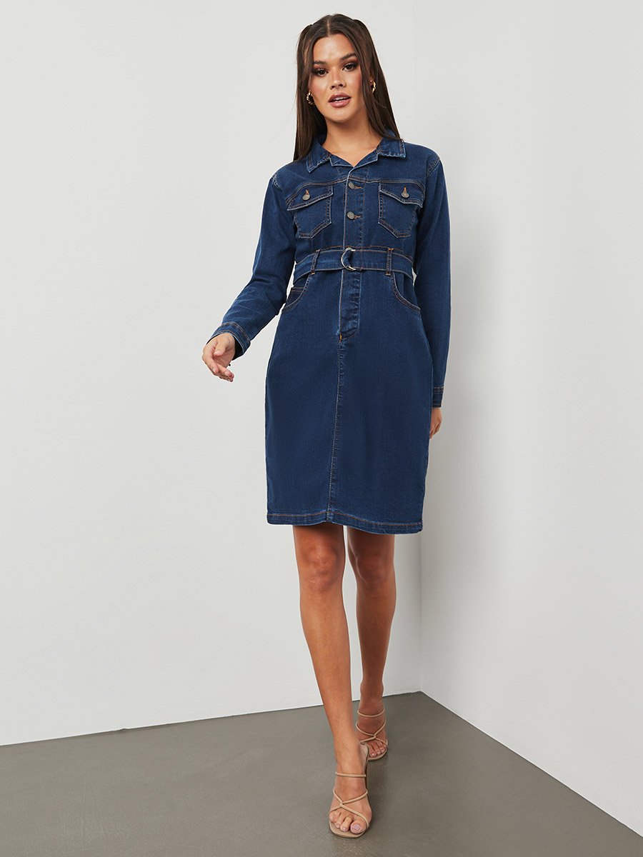 Long Sleeves Denim Bodycon Knee Length Dress For Women at Saudi | Styli