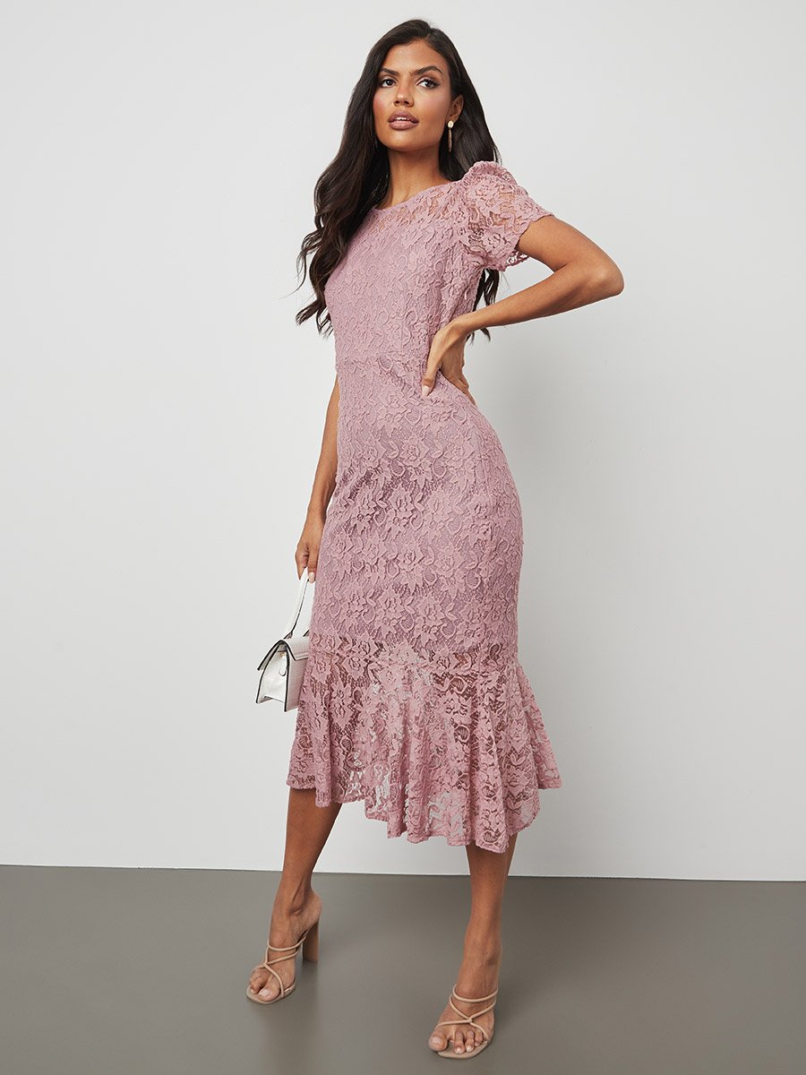 chinese dress ladies Midi Dress with Short Sleeves and Ruffled Hem in Lacy Fabric main image 0