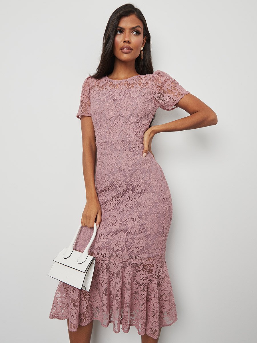lace ruffle hem midi dress Floral Lace Ruffle Hem Midi Dress For Women at Saudi