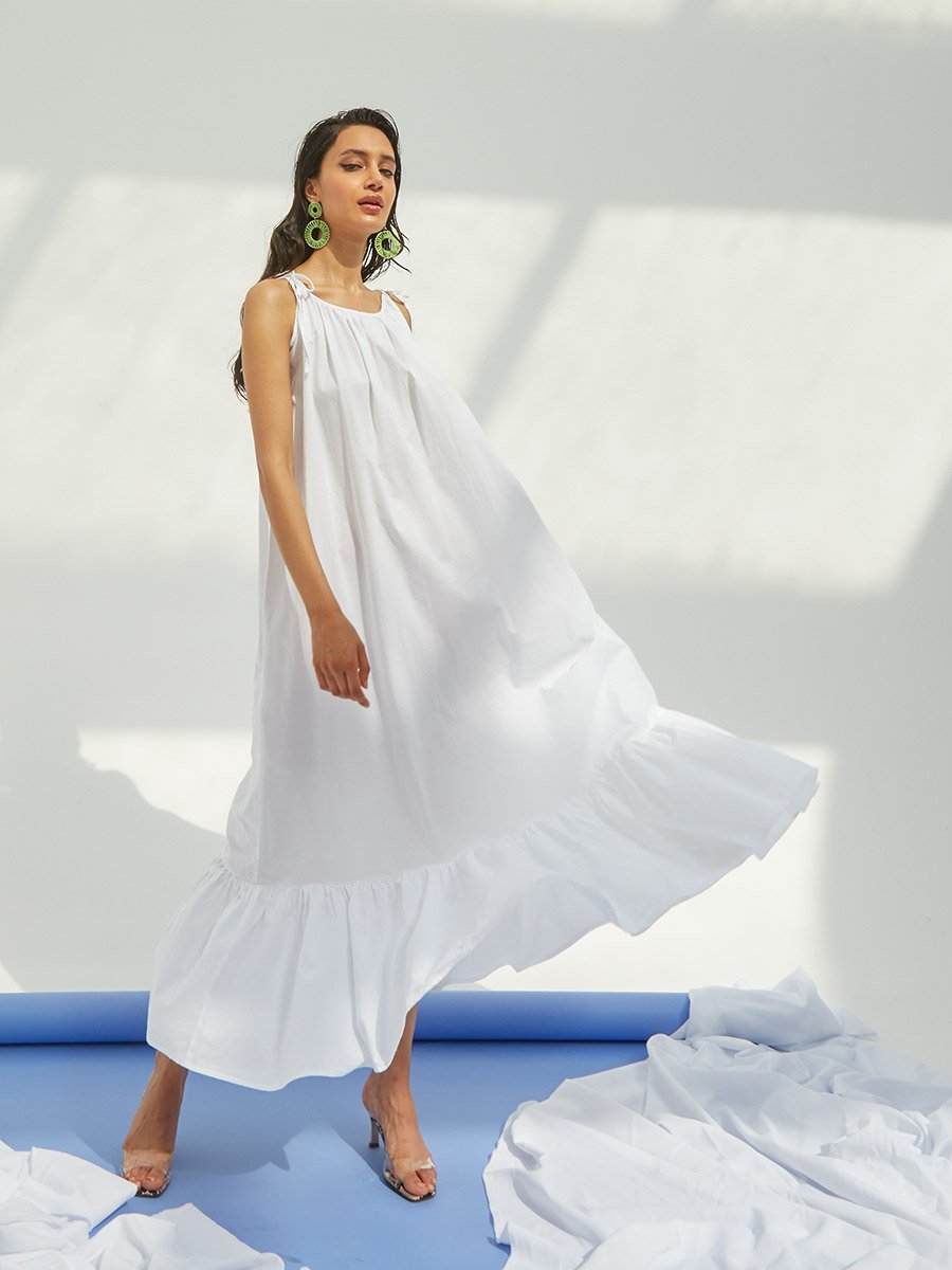 Cotton Tie Strap A-Line Maxi Dress For Women at UAE | Styli