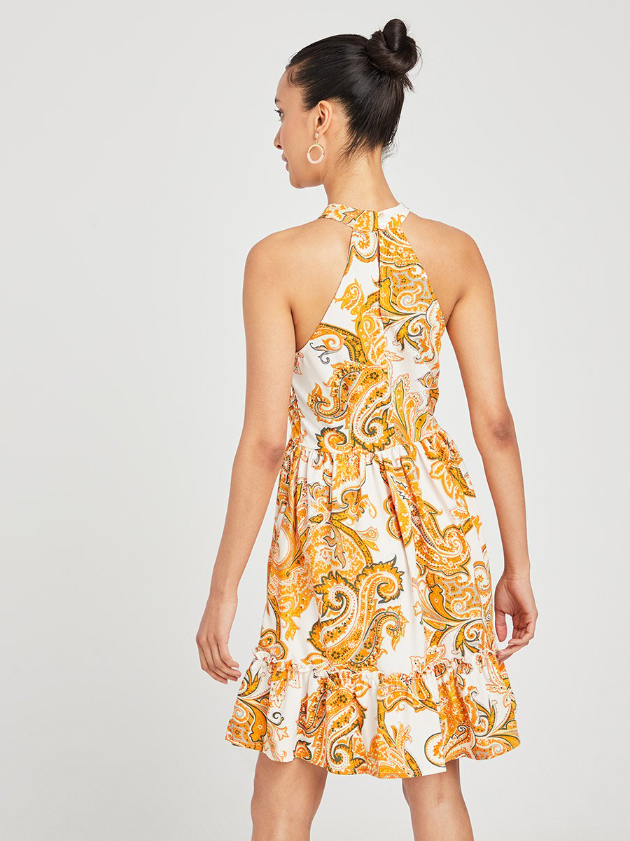 knee length dresses for ladies Aqua Paisley Satin Tiered Halter Neck Mini Dress