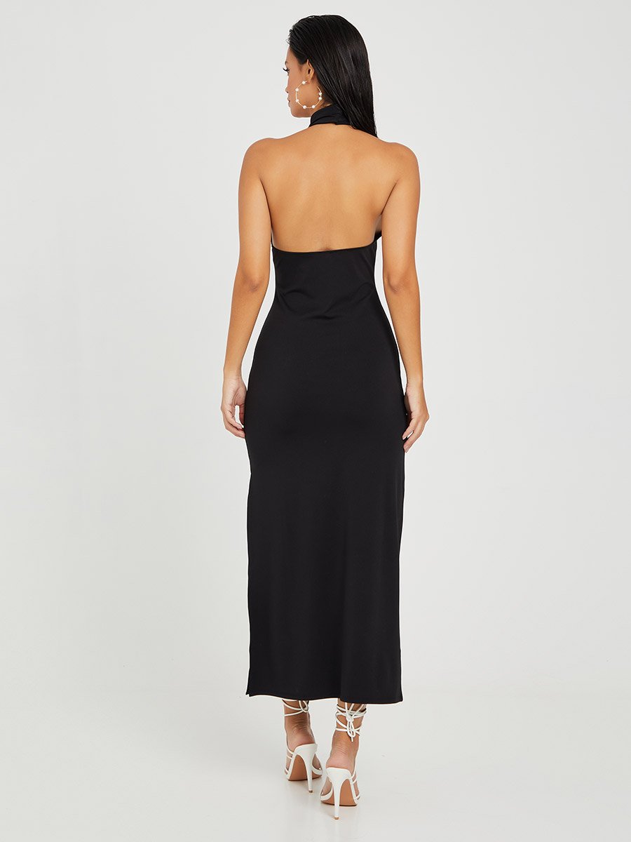 Halter Neck A-Line Maxi Dress with Side Slit For Women at Saudi | Styli
