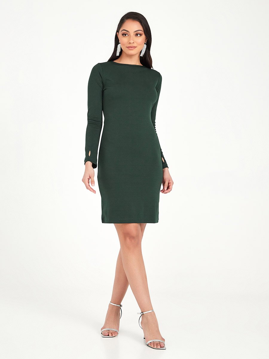 Thumb Hole Long Sleeves Lace Up Back Detail Bodycon Knee Length Dress For  Women at Kuwait | Styli