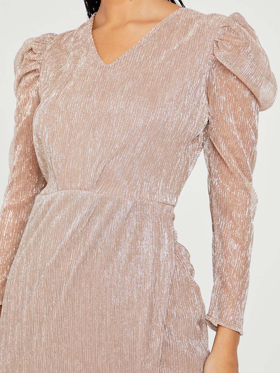 Long Puff Sleeves V Neck Shiny Bodycon Midi Dress For Women at UAE | Styli