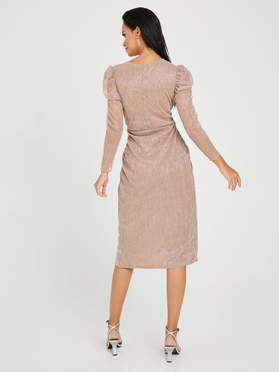 Long Puff Sleeves V Neck Shiny Bodycon Midi Dress For Women at UAE | Styli