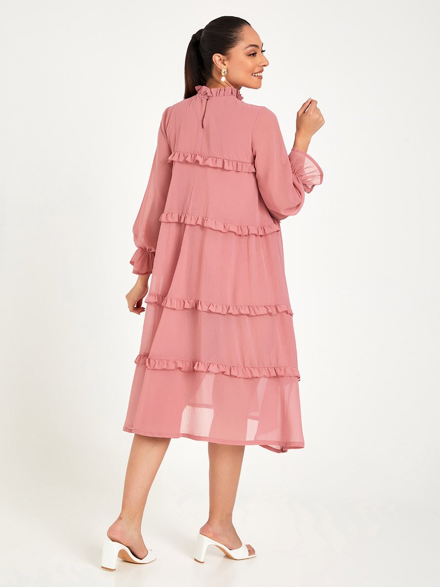 Frill Cuff Sleeves Tiered Smock Midi Dress with Ruffle Detail For Women at  Saudi | Styli