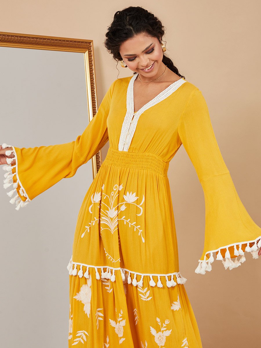 Bell Sleeves Tassel Detail Embroidered A-Line Maxi Dress For Women at Saudi | Styli Bell Sleeves Tassel Detail Embroidered A-Line Maxi Dress For Women at Saudi | Styli