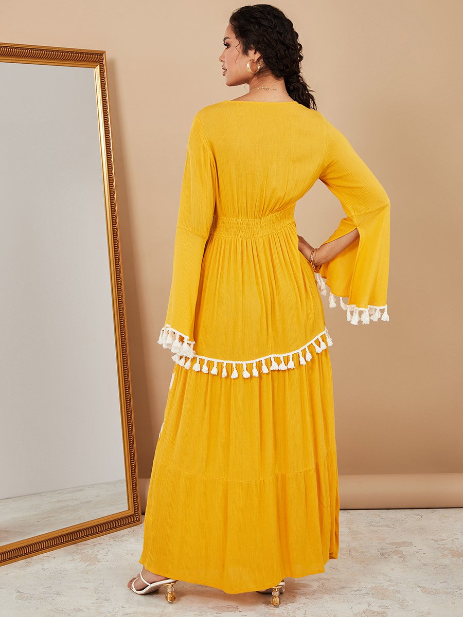 Bell Sleeves Tassel Detail Embroidered A-Line Maxi Dress For Women at Saudi  | Styli