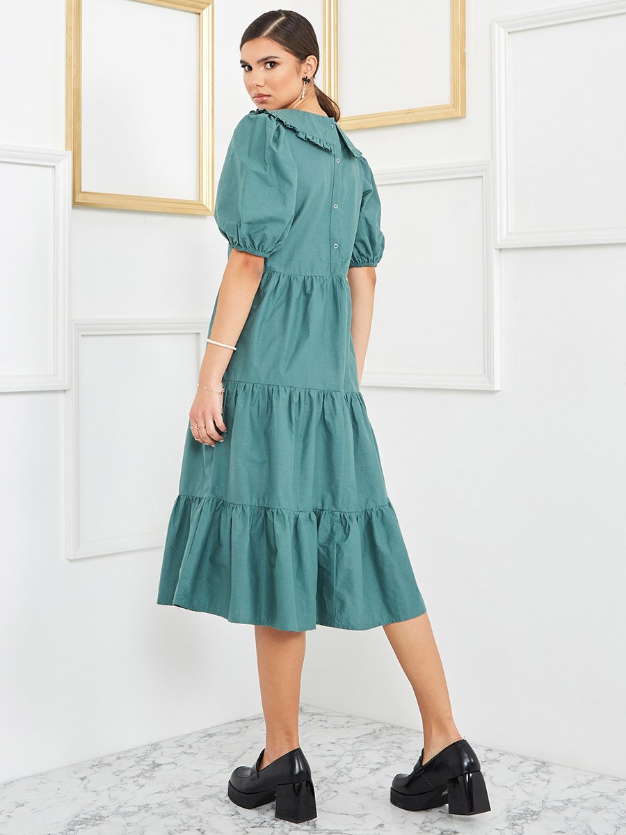 Short Puff Sleeves Peter Pan Collar Tiered Midi Dress For Women at Saudi |  Styli