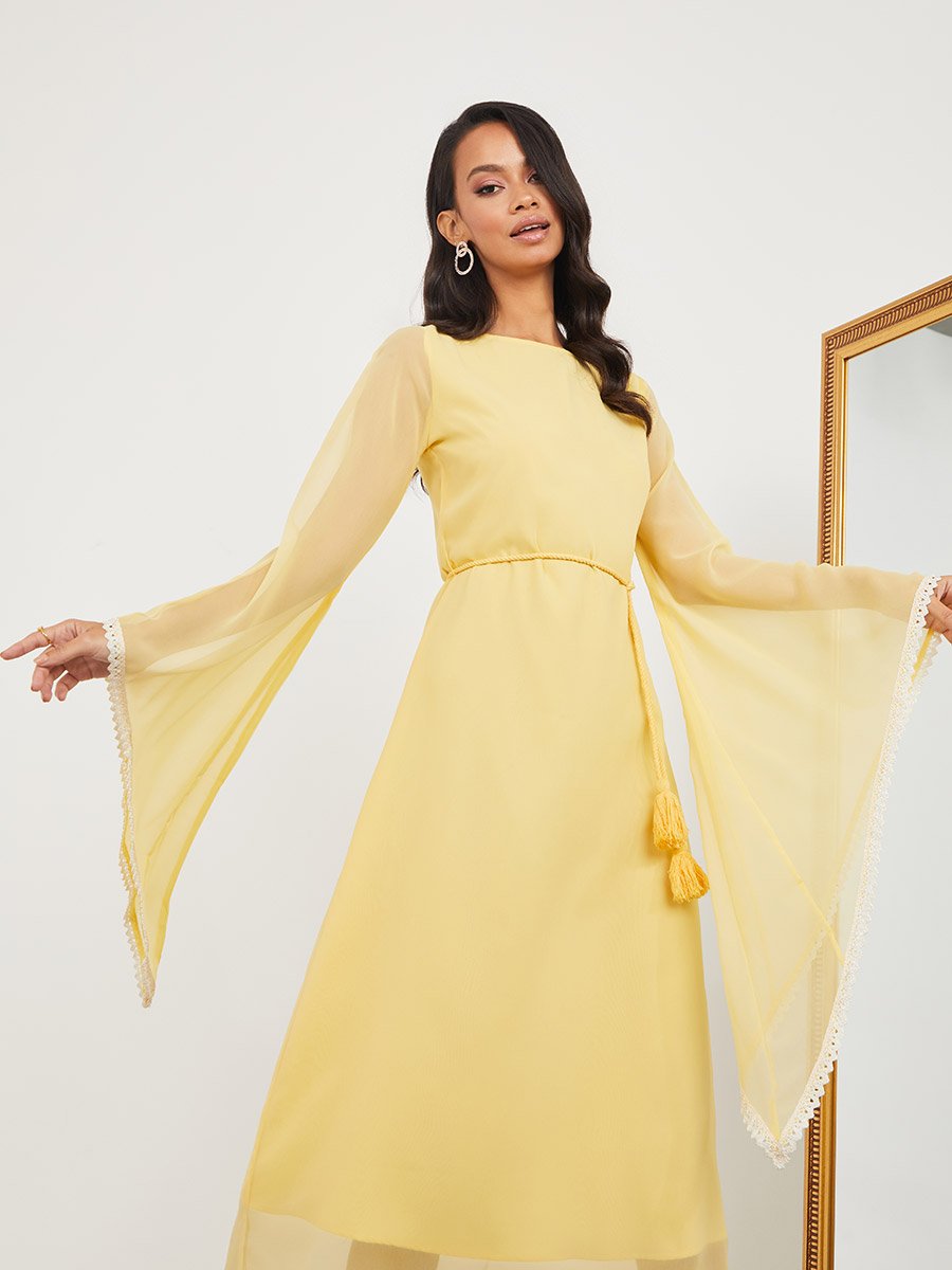 Long Flare Sleeves Tie String Belt A-Line Midi Dress For Women at Saudi |  Styli