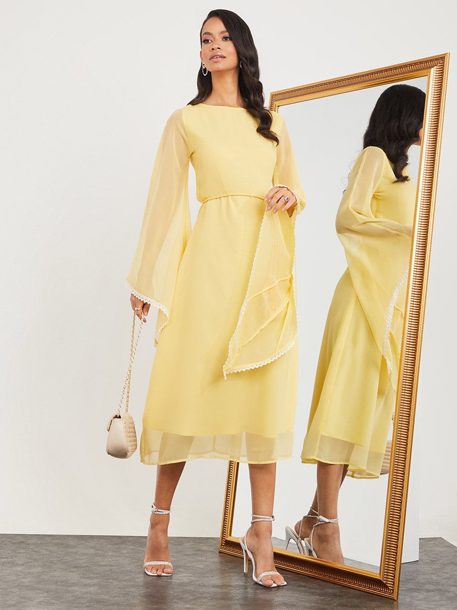 Long Flare Sleeves Tie String Belt A-Line Midi Dress For Women at Saudi |  Styli