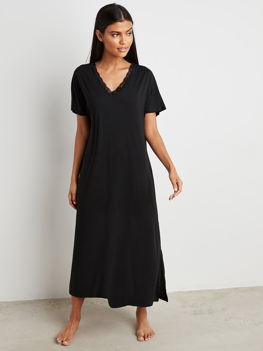 Lace Trim V Neck Nightie with Slit Hem