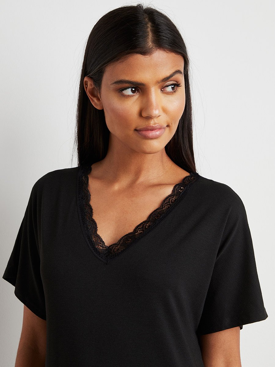 Lace Trim V Neck Nightie with Slit Hem