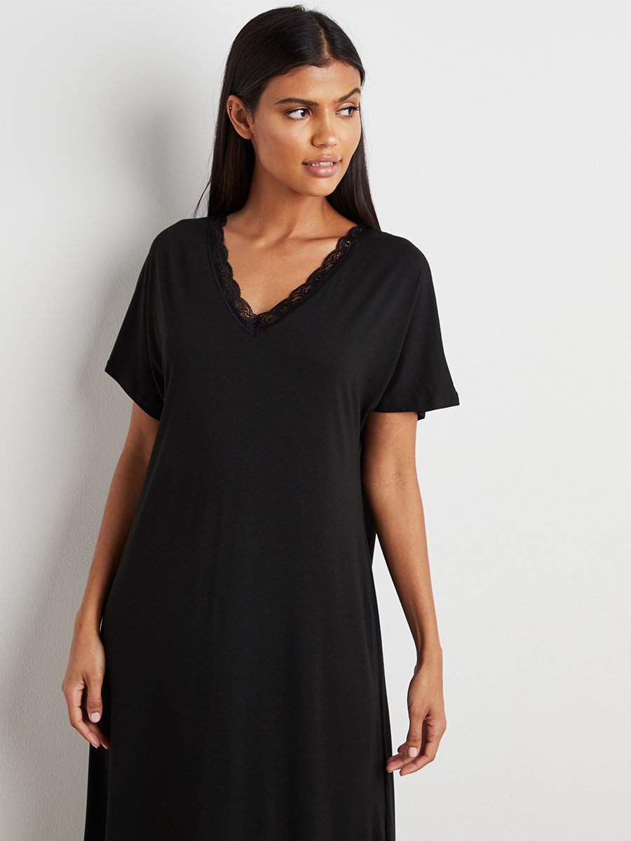Lace Trim V Neck Nightie with Slit Hem