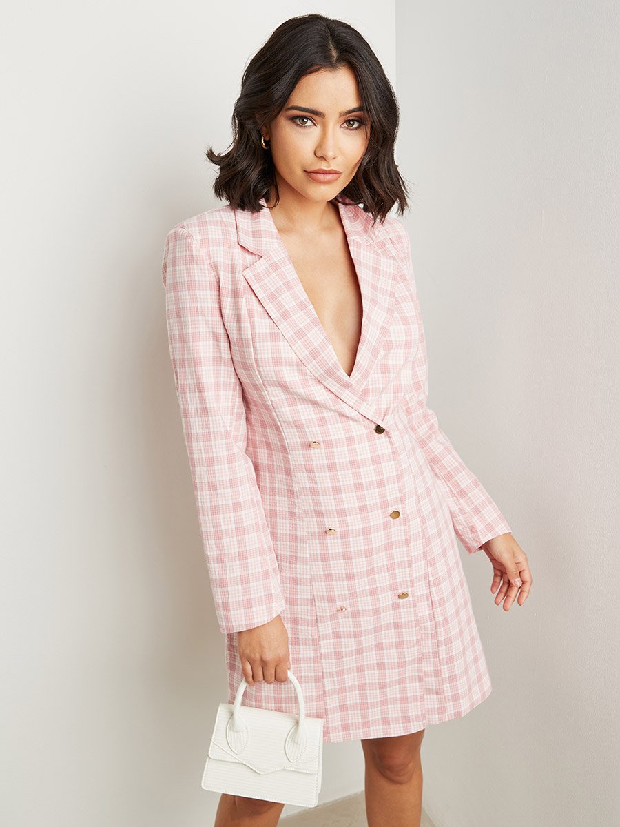 pink plaid blazer dress Double Crazy Peak Collar Plaid Blazer Dress