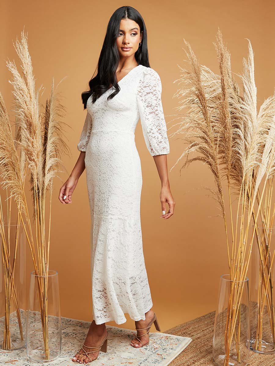 V Neck 3/4 Sleeves Lace Overlay Maxi Dress For Women at Bahrain | Styli