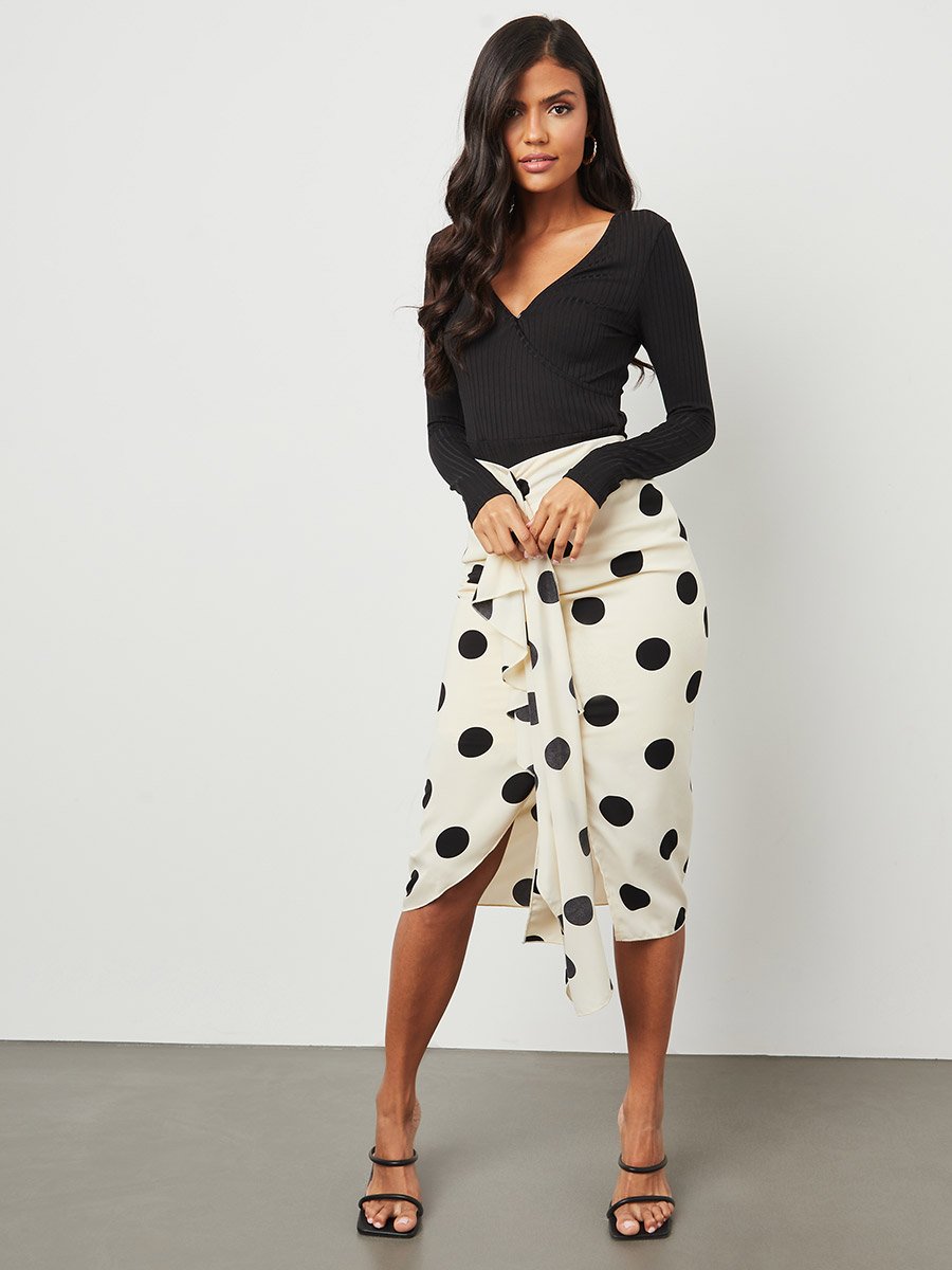 Large Scaled Polka Dot Frill Detail Midi Skirt For Women at Saudi