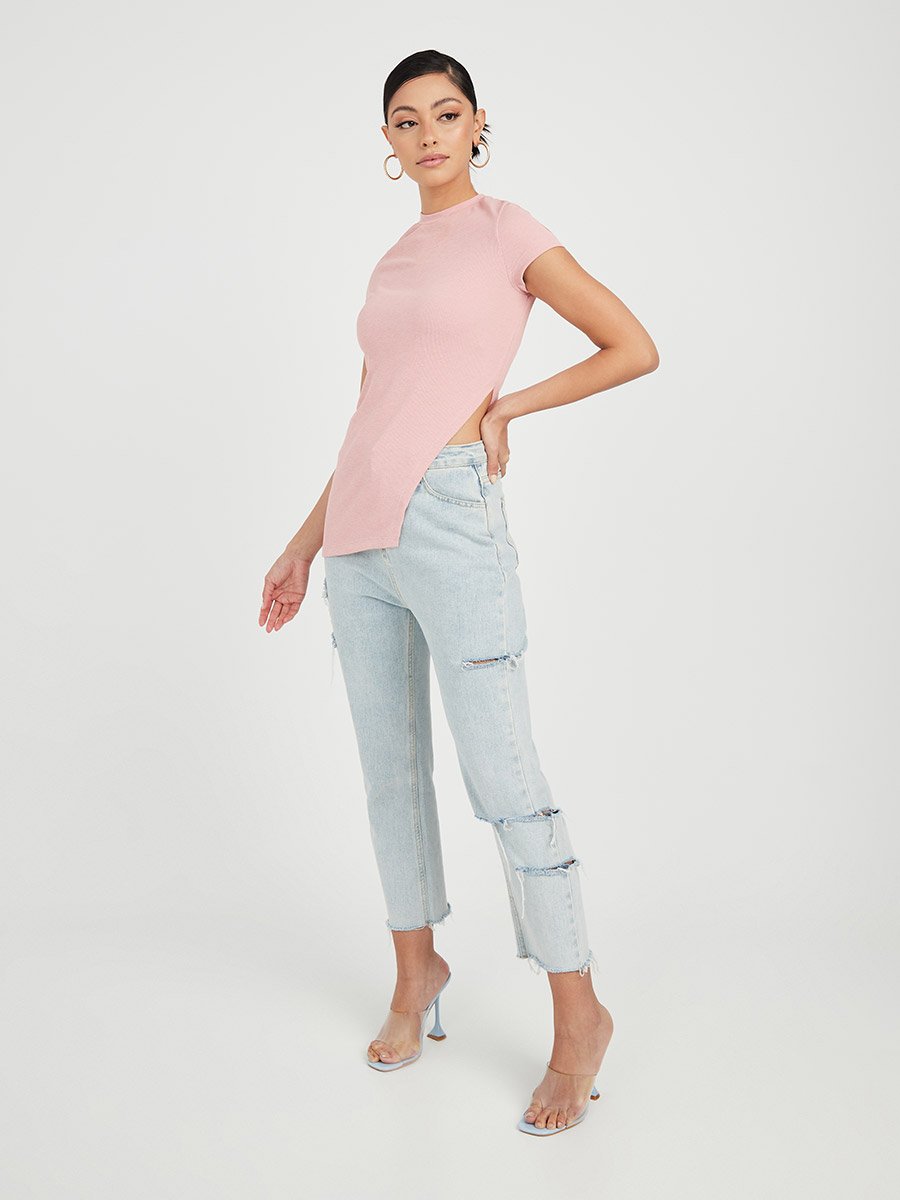 Ribbed Asymmetric Side Cut Out Hem T-shirt For Women at Oman | Styli