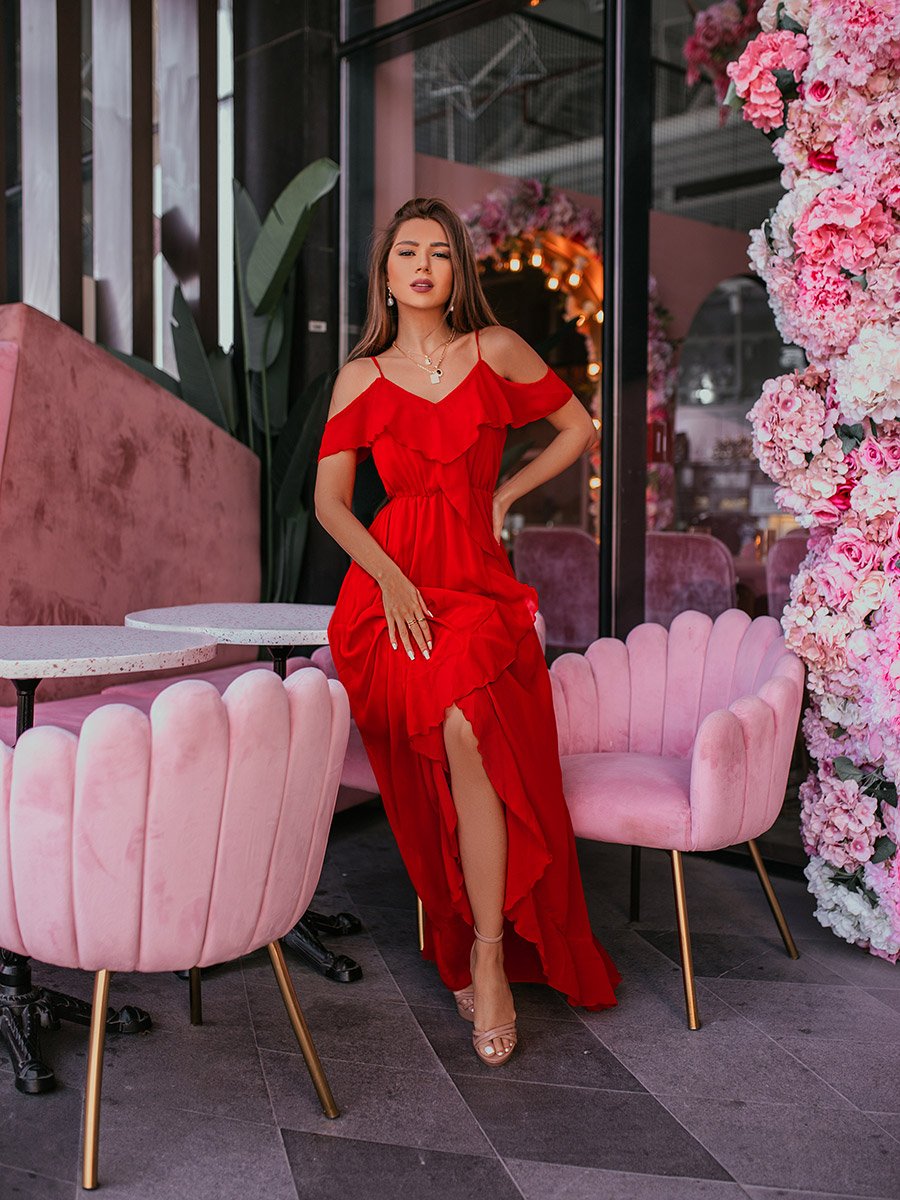 Cold Shoulder Ruffle Detail Woven Wrap Maxi Dress For Women at Saudi | Styli Cold Shoulder Ruffle Detail Woven Wrap Maxi Dress For Women at Saudi | Styli